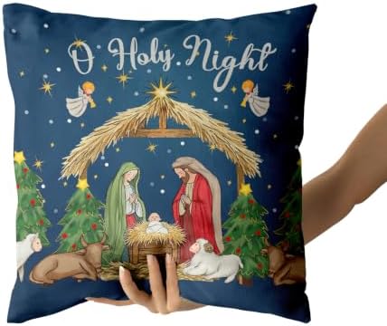 Giwawa Christmas Pillow Covers Pack of 2 16x16 Inch O Holy Night Jesus Nativity Decorative Throw Pillow Cases Xmas Blue Winter Holiday Cotton Soft Cushion Covers for Sofa Couch Patio Season