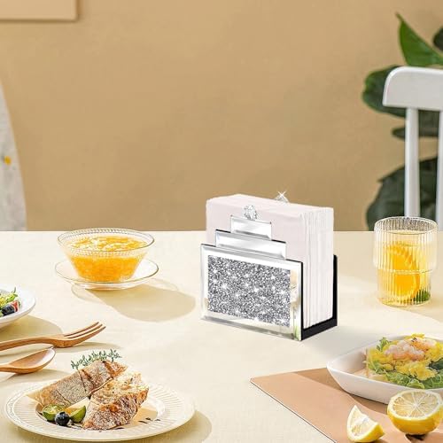 Wocred Mirror Napkin Holder,Crystal Crushed Diamond Vertical Holder,Cute Tissue Holder Holds Napkins Upright for Bathroom，Dining Table，Kitchen Table.(6.8”X5.9”X3”)