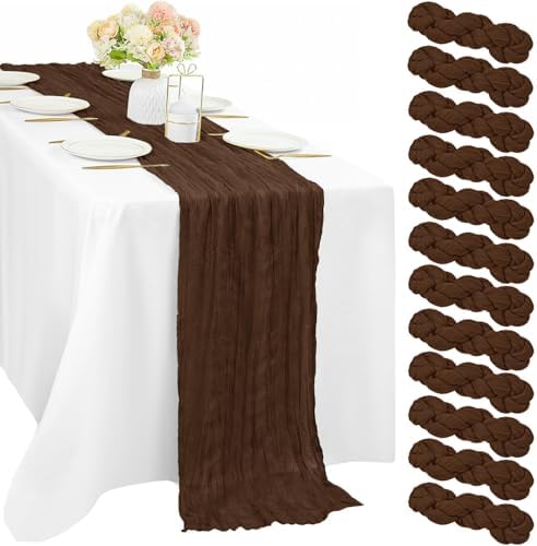 12 Pcs Cheesecloth Table Runner 10FT Brown Runner for Tables Gauze Fabric 35 x 120 Inches Long Boho Table Runner Decor Rustic Sheer Runner for Wedding Birthday Bridal Shower Party (Brown)