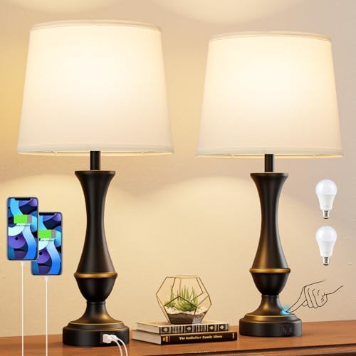 Touch Lamps for Nightstand, 3 Way Dimmable Lamps for Bedroom with USB C+A
