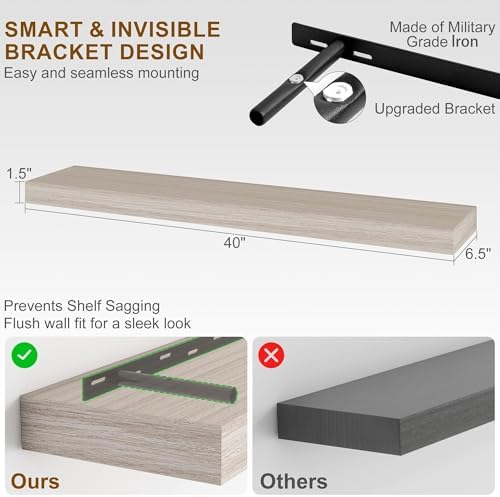 Fun Memories Floating Shelves for Wall, 40Inch Floating Shelves Set of 2, Hanging Shelf with Invisible Brackets, Wood Shelves for Living Room, Bedroom, Kitchen, Grey