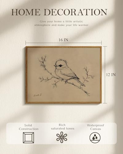 WHASAYART Framed Canvas Decor Vintage Minimalist Bird Sketch Wall Art 12x16 | Minimalist Line Drawing Black Neutral Painting Print, Rustic Modern Nature Artwork for Living Room Entryway Farmhouse Office