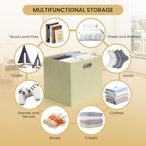 Posprica Storage Cubes, 13 x 13 x 13 Inches Fabric Bins with Double Handles，Cubes Basket Containers, For Shelf Cabinet Bookcase, Closet Organizers for Shelves, Foldable-Set of 4, Yellow/Beige mixed
