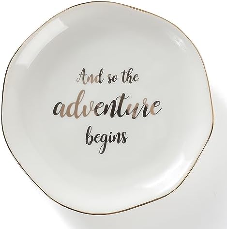 HOME SMILE And So The Adventure Begins Ring Dish-Inspirational Bridal Shower, Bachelorette Party, Engagement Wedding Gifts, Congratulation Present for New Chapter,Ceramic White