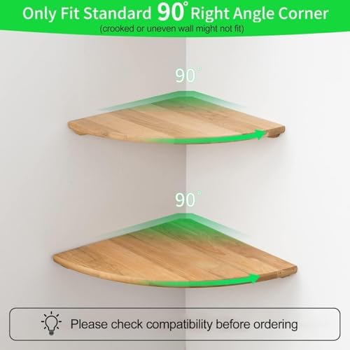 Corner Shelves, Floating Corner Shelf, Set of 2 16inch Solid Oak Wood Wall Shelves, Round End Wall Mount Display Shelf with Wire Hole for Bedroom Kitchen, Living Room (Oak, 16in 2P)