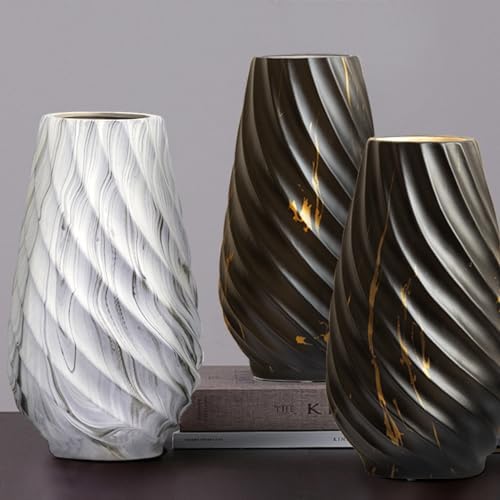 10 inch Tall Ribbed Ceramic Vase for Flowers,Boho Vases for Pampas Grass,Fluted vase,Simple Modern Decorative Vase for Home Decor Table Centerpieces (Black,Gold Marble)