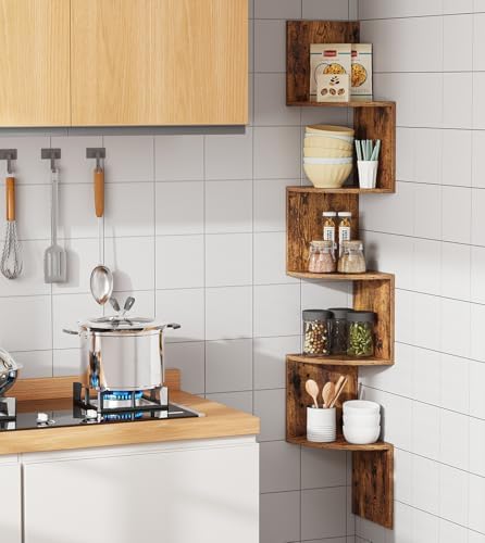 VIMBER 5-Tier Corner Shelf Wall Mount, Corner Bookshelf, Industrial Corner Ladder Shelf, Modern Display Shelf for Living Room, Bedroom, Kitchen, Home Office, Bathroom, Rustci Brown UJSJ003F