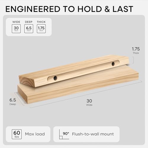 Homeforia 30 Inch Floating Shelves, High-End Solid Pine Wood, Set of 2
