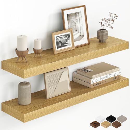 30 Inch Floating Shelves for Wall, Rustic Wood Wall Mounted Deep Storage Shelves with Invisible Brackets, Large Decorative Display Ledge for Living Room Bathroom and Kitchen, Set of 2, Oak