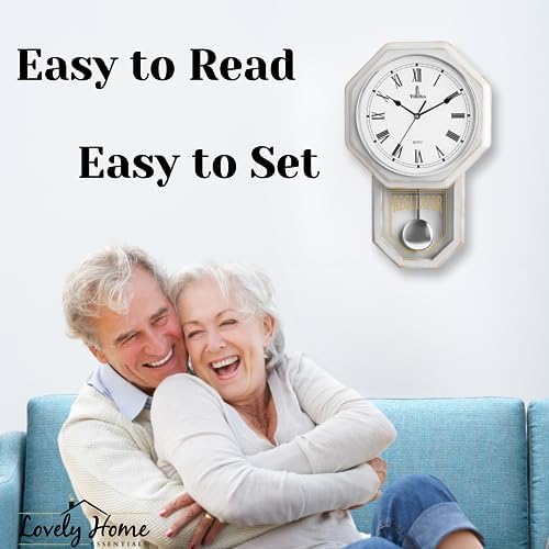 Pendulum Wall Clock, Real Wood Regulator Clock, White, Quiet Non-Chiming