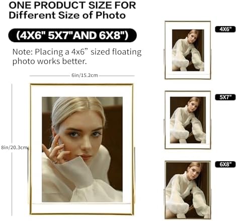 Gold Floating Picture Frame set of 2,6"×8" Frame For Picture 4x6,5×7,3.5x5, 2x3,Metal Glass Photo Frames,Tabletop Display Vertically,Home Wedding Party Office Decor