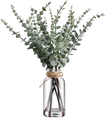 Artificial Eucalyptus Stems in Glass Vase with Hemp Rope and Faux Water