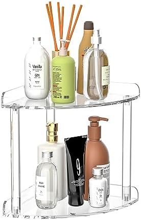 Sezanrpt 2 Tier Countertop Corner Organizer Shelf 7x7x8 Inch, Acrylic Bathroom Organizer Corner Shelf for Countertop, Clear Vanity Storage Organizer for Skincare, Cosmetics, Perfume