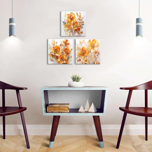 AIYISU Orange Poppy Floral Wall Art Wildflower Canvas Prints Pictures Abstract Nature Autumn Flowers Painting Minimalist Modern Artwork for Living Room Bathroom Office Home Decorations 16x16 3Pcs