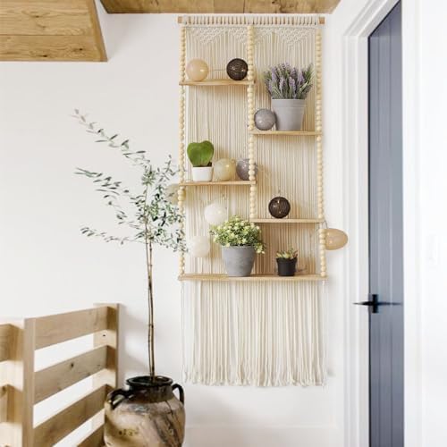 Macrame Wall Shelf Boho Hanging Organizer Floating Plant Shelf 11.8"W*47"L