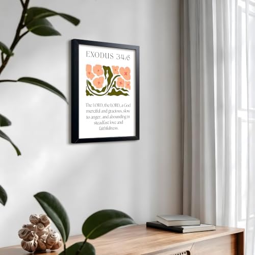 Framed Exodus 34:6 Bible Verse Wall Art, Christian Floral Canvas Wall Decor Painting, Boho Floral Religious Inspirational Scripture Print Poster Picture for Living Room Bedroom Prayer Home Decor 12x16 Inch