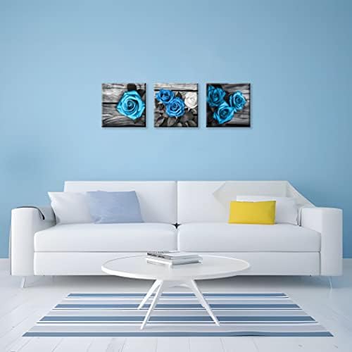 NAN Wind Blue Wall Decor for Living Room Blue Bathroom Accessories Black and White Canvas Wall Art Blue Rose Pictures Bedroom Decor Modern Painting Kitchen Home Decorations 20x20 3 Pcs/Set