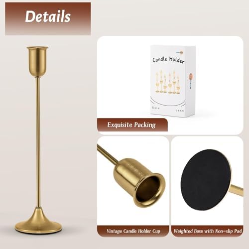 Gold Candlestick Holders, Brass Metal Taper Candle Stick Holders Set of 3