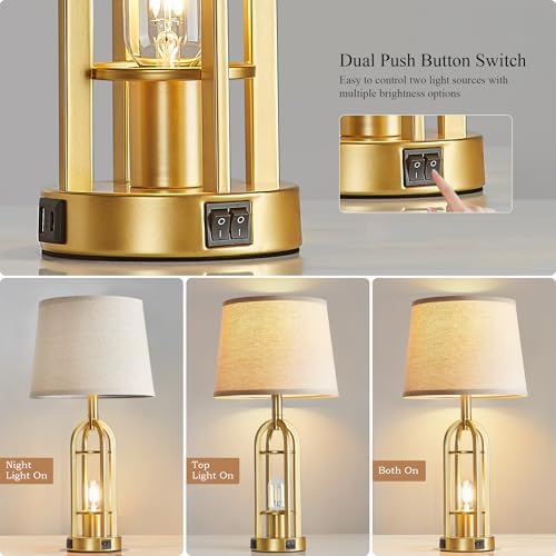SRJJA Gold Table Lamps for Living Room Set of 2 - Modern Farmhouse Bedside Lamps for Bedroom Night Stands with Nightlight and USB A+C, Industrial Lamp for Living Room End Tables