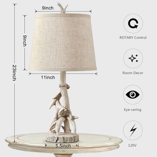 23'' Farmhouse Table Lamps for Bedroom Rustic Deer Antler Table Lamps Set of 2 Bedside Nightstand Lamp Western Log Cabin Lamp for Living Room Study Room Desk, White