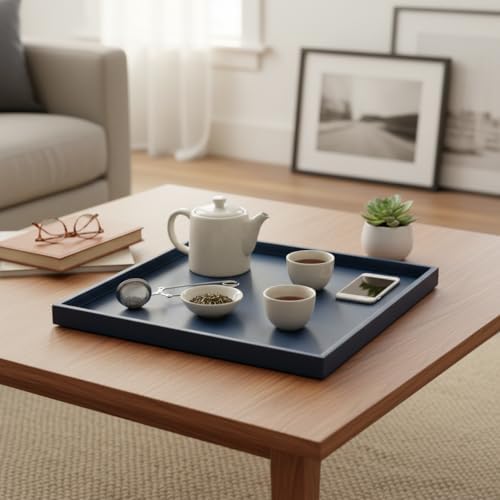 30 * 30 Inch Rectangular Ottoman Tray | Textured PU Leather, Waterproof & Heat-Resistant Storage for Coffee/Dining Tables, Sofa, Bed, Entertainment & Party (Navy Blue, 30 * 30in)