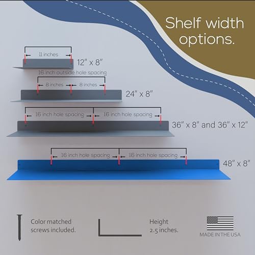 48x8 in Metal Floating Shelf Blue Wall Mounted - Made in The USA - Bedroom, Living Room, Bathroom, Kitchen