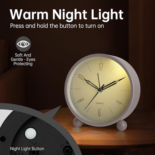 JALL Analog Alarm Clock, 4 inch Super Silent Non Ticking Small Clock with Night Light, Battery Operated, Simple Design, Old Fashioned Style Cream Decor, for Bedroom, Bedside, Desk, Adult, Gift, White