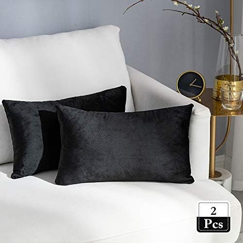 Stellhome Set of 2 Rectangle Throw Pillow Covers Super Soft Solid Velvet Pillowcase for Bed Couch Sofa Bench, 12 x 20 inch (30 x 50 cm), Black