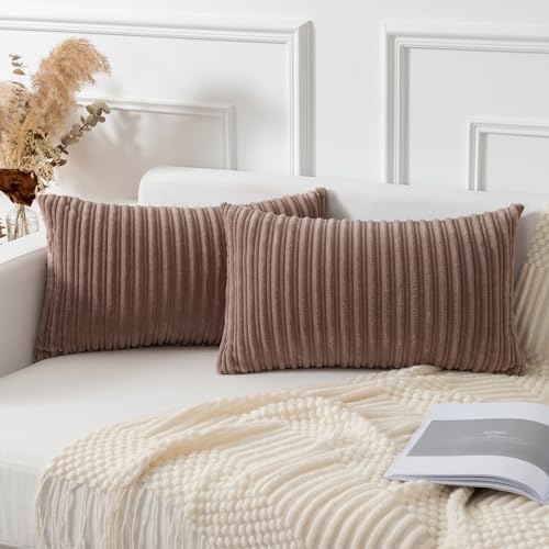 Kevin Textile Striped Corduroy 12”x20” Pillow Covers 2 Pack, Light Brown