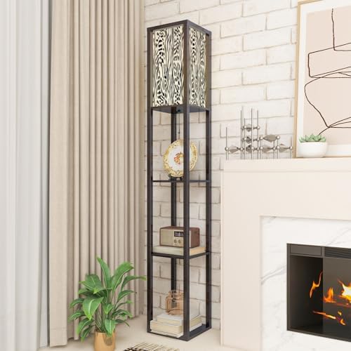Standing Lamp with Shelves Tall Animal Print Zebra Stripes Mix Leopard Spots Geometric Elements Modern Wood Corner Lamp for Bedroom Living Room Office Floor Lamp Mid Century Room Decor