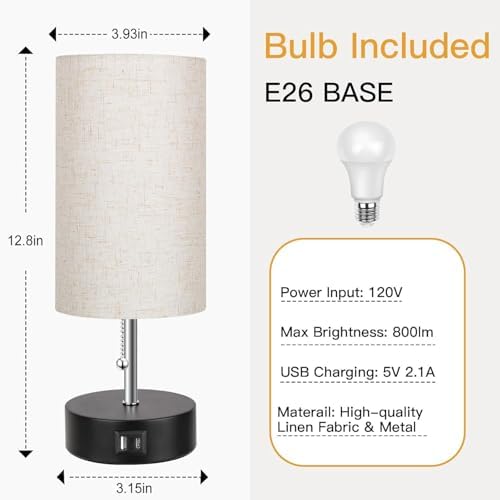 ROTTOGOON 3-Color Temperature Bedside Lamp Nightstand Lamp with USB A Port and C Port, Table Lamp for Bedroom with LED Bulb Small Lamps for Living Room (Otmeal)