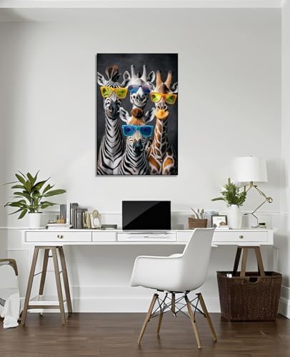 Zebra Canvas Wall Art Funny Zebras with Glasses Picture Black Poster Animal Painting Modern Prints Living Room Bedroom Home Office Decor Framed(12.00"x18.00")