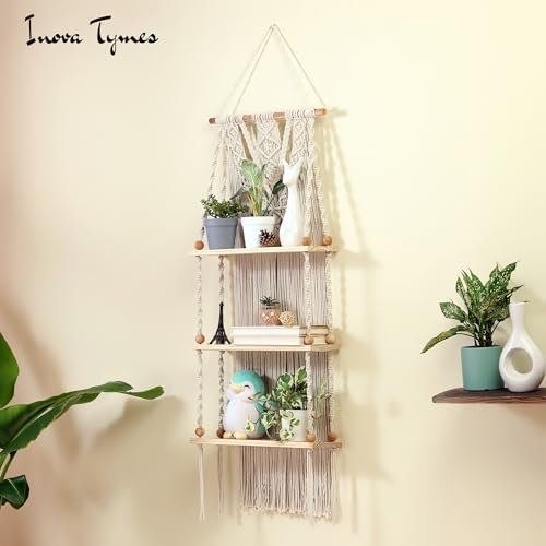 Macrame Wall Hanging Shelf 3 Tier - Boho Bedroom Decor | Macrame Wall Decor | Boho Shelf Decor, Hanging Shelves for Wall, Woven Rope Floating Wood Shelves & Storage for Small Plants
