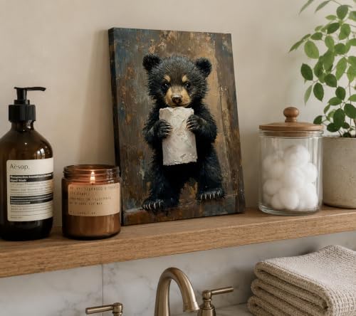 Funny Bathroom Bear Canvas Wall Art, Black Bear with Paper Poster Print Artwork, Humor Animal Painting Picture Wall Decor, for Kids Restroom, Cabin, Bathroom, Home Decoration, 12x16In
