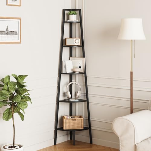 Yoobure 5-Tier Corner Shelf Stand- 67.5" Tall Corner Bookshelf with Metal Frame, Industrial Ladder Corner Shelves Display Shelf for Bedroom Living Room, Corner Bookcase Corner Plant Stand for Balcony