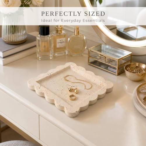 Decorative Scalloped Tray - Beautiful Travertine Stone Inspired 8"x8" Vanity Tray for Jewelry, Perfume and Trinkets - The Perfect Resin Decor Accent for Any Bathroom, Nightstand & Marble Coffee Table