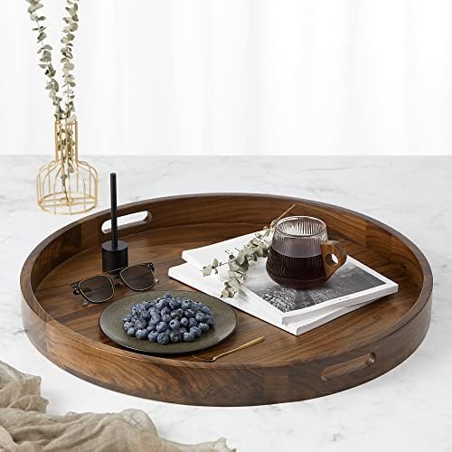 24" Round XL Handmade Black Walnut Wood Ottoman Tray with Handle