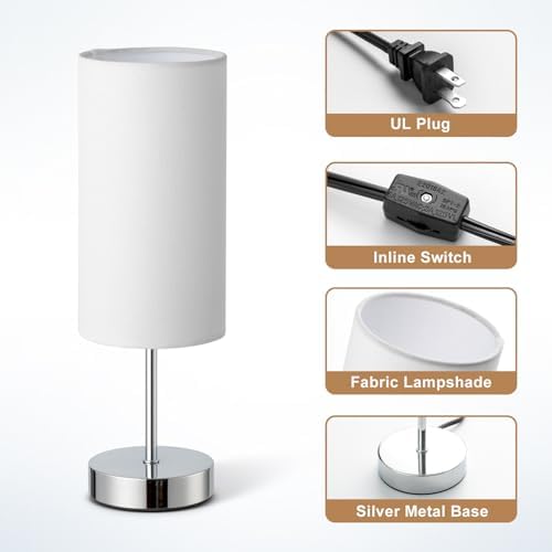 Small Table Lamp for Bedroom Nightstand, Round White Fabric Shade and Silver Metal Base, Modern Minimalist Bedside Lamps for Dresser, End Table, Office, College Dorm, Warm Light, 5W LED Bulb Included