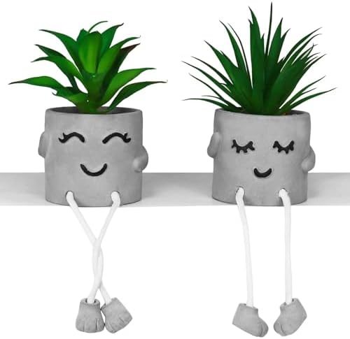 Zerzsy Faux Succulents in Cement Pots with Hanging Leg, Potted Mini Fake Plants for Desk Decor, Kitchen Shelf Decor, Office Decoration for Women, Bathroom Shelf Plants Decoration - Set of 2