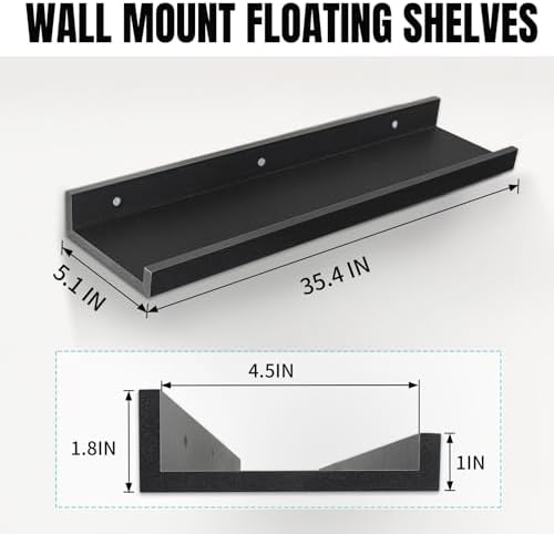 LaVie Home 35.4-Inch Black Floating Shelves for Wall Storage Set of 4 - Modern Minimalist Picture Ledge Shelf Wall Decor for Kitchen, Bedroom, Bathroom, and Living Room, Large Floating Shelves
