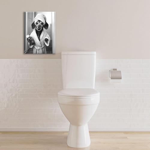 Crekviy Funny Dachshund Bathroom Decor Wall Art Black and White Dog Pictures Cute Weiner Dog Bathrobe Bathing Canvas Prints Painting Artwork Home Decorations Framed Gifts 16"x20"
