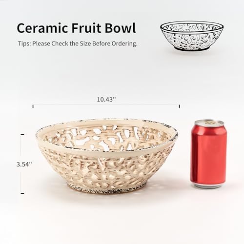SIDUCAL Ceramic Fruit Bowl for Kitchen Counter,Decorative Fruit Basket with Holes, 10.43" Large Hollow Out Fruit Vegetable Holder Bowl for Table Decor, Beige