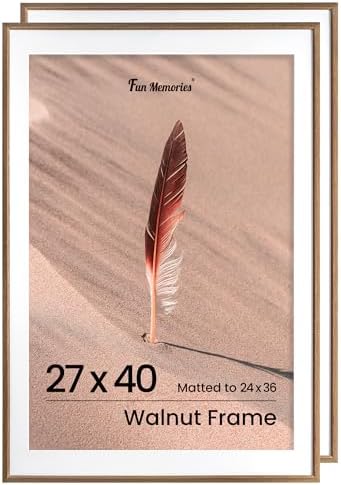 Fun Memories 27x40 Poster Frame, Solid Oak Wood Picture Frames, Modern Photo Frame for Wall 27x40 with 24x36 Mat, High Definition Plexiglass & Wall Hook Included (Walnut, 2 Pack)