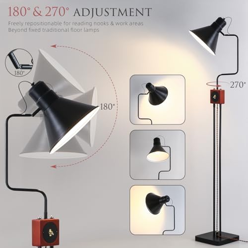 Industrial Adjustable Floor Lamp, 50"-66" Tall Vintage Reading Standing Lamp with Retro Wooden Toggle & Foot Switch, 180°/270° Swivel Metal Task Lamp for Living Room, Bedroom & Office, Black