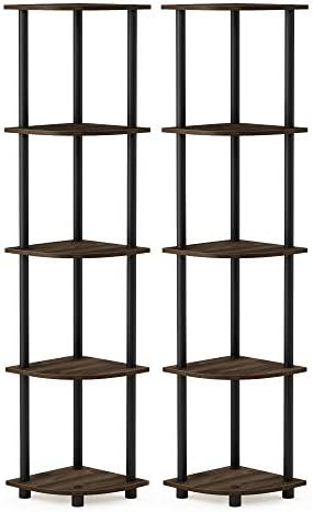 Furinno TURN-N-TUBE Corner Shelf Set of 2, 5-Tier Corner Bookshelf, Open Storage Shelves, for Organization and Storage, Living Room, Home Office, Garage, Columbia Walnut