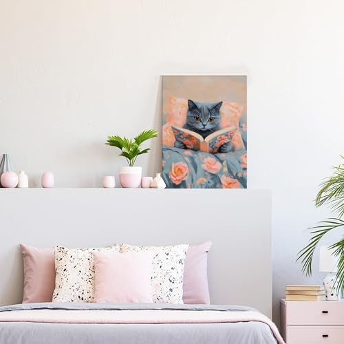Framed Cat Reading Book Canvas Wall Art, Cute Gray Kitten Painting Print, Funny Animal Lovers Picture Wall Decor for Bedroom Living Room Kids Room Girls Room Home Decor 16x24 Inch