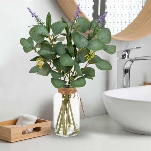 Artificial Eucalyptus Stems Fake Plants in Glass Vase with Faux Water