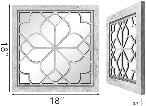 Set of 2 18 Inch Large Square Grey Window Pane Wall Mirrors, Shatterproof Rustic Farmhouse Boho Vintage Accent Mirrors for Living Room, Bedroom, Bathroom, Entryway & Home Decor