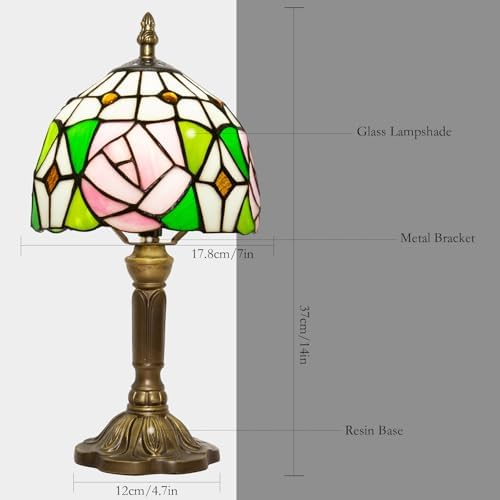 Small Tiffany Table Lamp, 3 Color Temperature, 8 Inch Antique Stained Glass Lamp for Bedroom Living Room Home, Handcrafted Light, Included Bulb (D Rose)