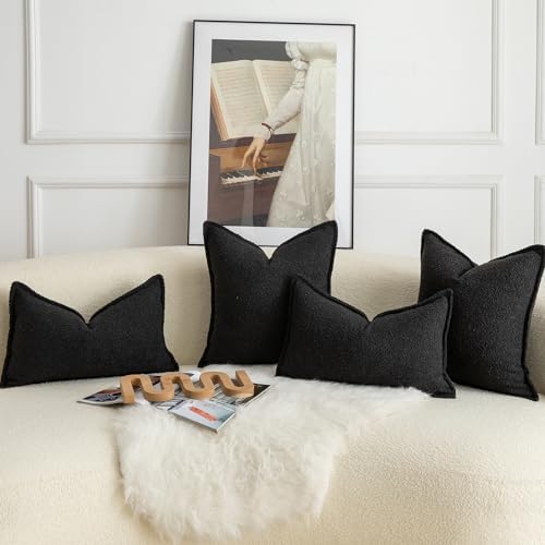 MANDIOO Pack of 2 Decorative Throw Pillow Covers Accent Solid Woven Textured Cushion Covers Pillow Cases Bedroom Living Room Sofa Home 20 x 20 Inch Black